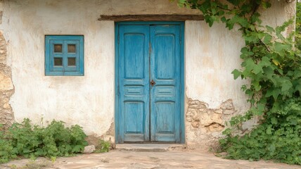 Weathered Blue Door on Rustic Whitewashed Building