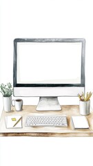 Fototapeta premium Minimal Office Desk Setup Watercolor Illustration.A watercolor illustration of a computer desk with stationery, a coffee mug, plant and keyboard in a clean workspace layout.