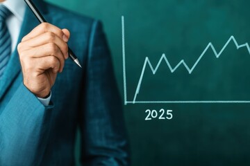Business Professional Presenting Growth Chart on Chalkboard Illustrating Rising Trends Towards 2025