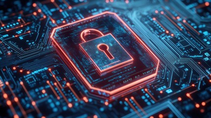 Obraz premium Digital banking account accessibility. Cybersecurity Digital Lock on Circuit Board