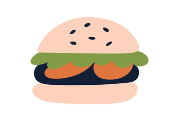Flat cartoon illustration of hamburger icon with layers of bread, cheese, lettuce, and beef patty. Vector doodle for fast food, restaurant menus, food delivery services, or culinary related themes