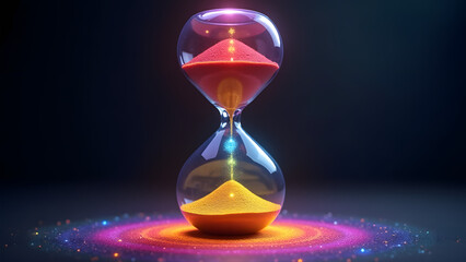 Energy hourglass where seven chakra-colored sands flow through sacred vortex points within a crystal column frame with gold symbols.