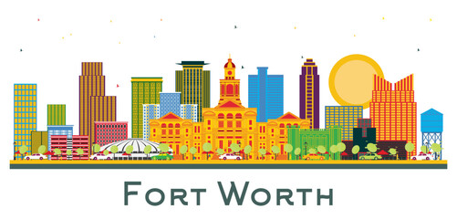 Naklejka premium Fort Worth Texas City Skyline with Color Buildings isolated on white. Business Travel and Tourism Concept with Modern Architecture. Fort Worth Cityscape with Landmarks.