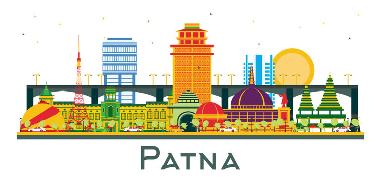 Patna India City Skyline with Color Buildings isolated on white. Business Travel and Tourism Concept with Modern Architecture. Patna Cityscape with Landmarks.