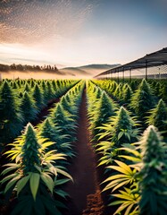 A vast cannabis farm with rows of lush, vibrant green cannabis plants stretching into the distance under the warm glow of the sun. 