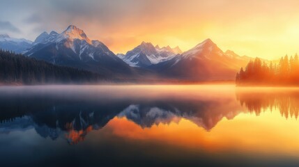 Obraz premium A serene sunrise over a calm lake, reflecting the golden-orange hues of a mountain range with snow-capped peaks