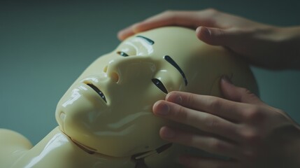 Close-Up of Hand Pressing on CPR Training Dummy for First Aid Instruction