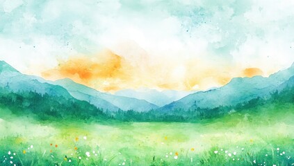 Fototapeta premium Watercolor Background with Green Field and Majestic Mountains, Gradient Sky in White, Blue, and Orange, Scenic Nature Landscape with Copy Space