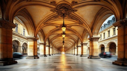 Obraz premium Paris Covered Passageway, Morning Sunlight, Empty Streets, City Architecture