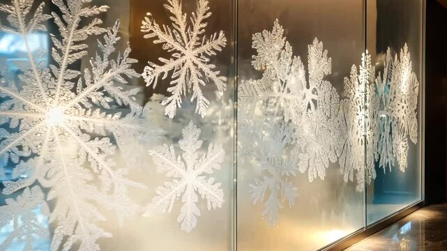 A beautifully detailed snowflake pattern on a glass window, illuminated by warm and cool lighting. The intricate frost-like designs create a cozy and festive winter atmosphere, perfect for holiday 