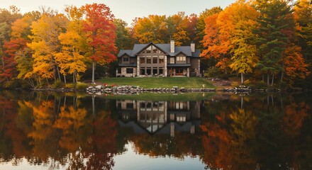 紅葉輝く湖畔 豪邸の静寂な秋景色