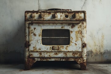 Old, rusty stove in a run-down room with peeling paint for a vintage, nostalgic feeling
