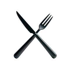 Elegant black fork and knife in a crossed position, sleek monochrome dining utensils with a matte finish, clean PNG graphic for culinary designs
