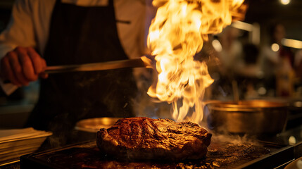 Chef torching a Wagyu steak tableside, flames rolling, golden sear forming, guests watching, intimate moody lighting, interactive dining theme, low-angle action shot