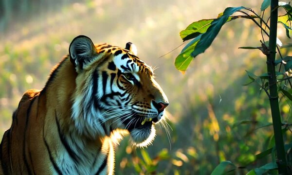 tiger in midst of a bamboo thicket frozen as it sniffs and listens for quarry
