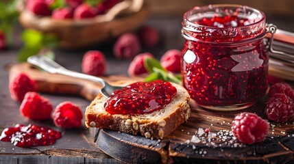 Fresh Raspberry Jam on Whole Grain Toast – Rustic Homemade Breakfast Scene