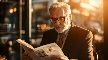 Elderly Man Reading Newspaper in Cozy Cafe During Golden Hour