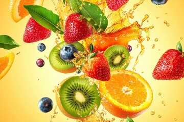 Exploding Fruit Burst: Capturing the essence of freshness, this vibrant image showcases an explosion of delicious fruits amidst refreshing splashes.