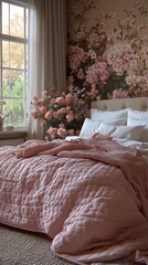  Cozy Bedroom with Pink Quilt, White Pillows, and Floral Wallpaper