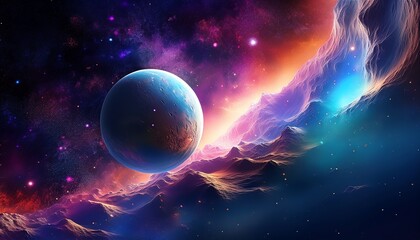 Obraz premium A vibrant cosmic scene featuring a colorful nebula and a prominent planet against a backdrop of stars and celestial phenomena.