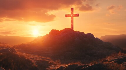 Radiant Red Cross Glowing Brightly Against Sunset Horizon