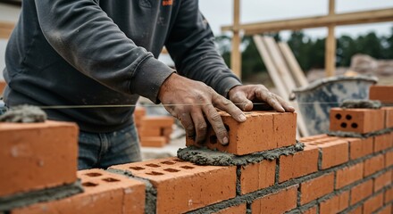 Skilled hands carefully place bricks building strong wall. AI Generated
