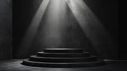 Obraz premium Tiered podium in matte black under a focused spotlight, sleek and bold 