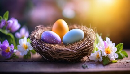 Obraz premium A colorful nest containing decorated Easter eggs, surrounded by vibrant flowers, captures the essence of spring and celebration.