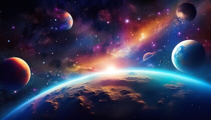 Obraz premium A stunning cosmic scene showcasing vibrant planets, stars, and a colorful nebula set against the backdrop of space, with Earth prominently featured in the foreground.