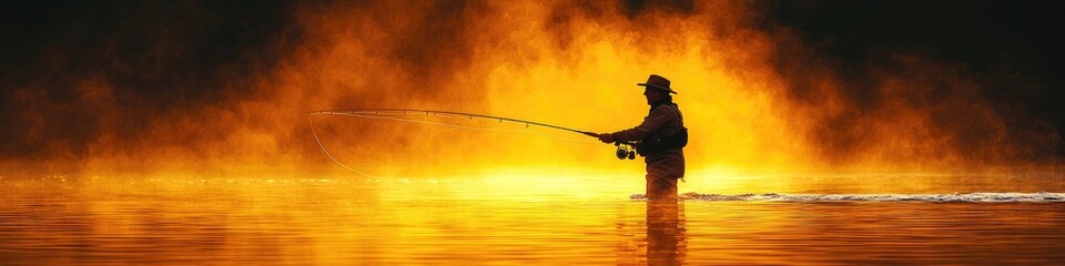 A lone angler casts a line into fiery sunset waters, creating a dramatic silhouette against the vibrant backdrop