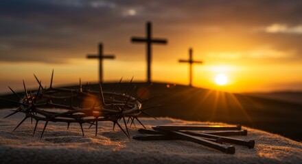 Crown of thorns and nails with three crosses at sunset