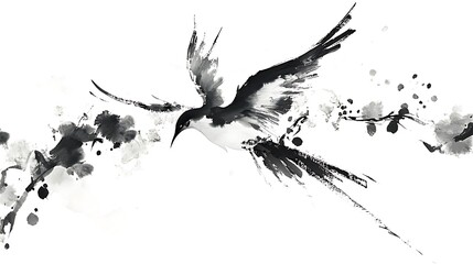 Ink Bird in Flight with Branch Design.