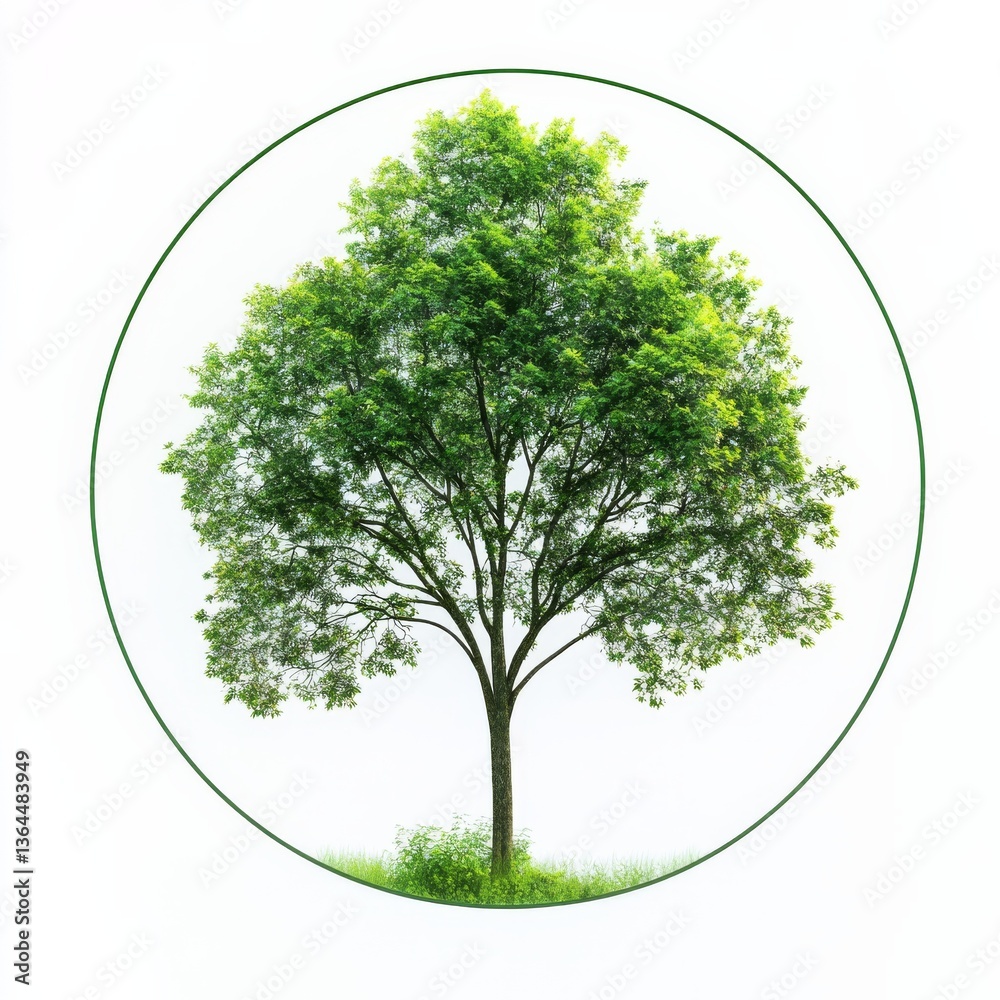 Poster a serene circle of green: a lush tree encapsulated in a perfect, minimalist frame on a bright white 