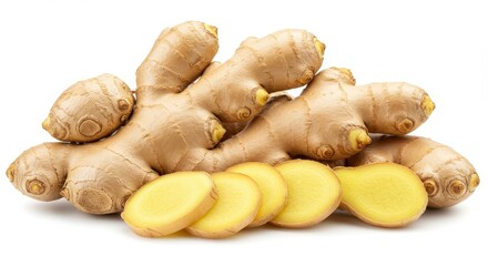 Fresh Ginger Root Slices on White Background