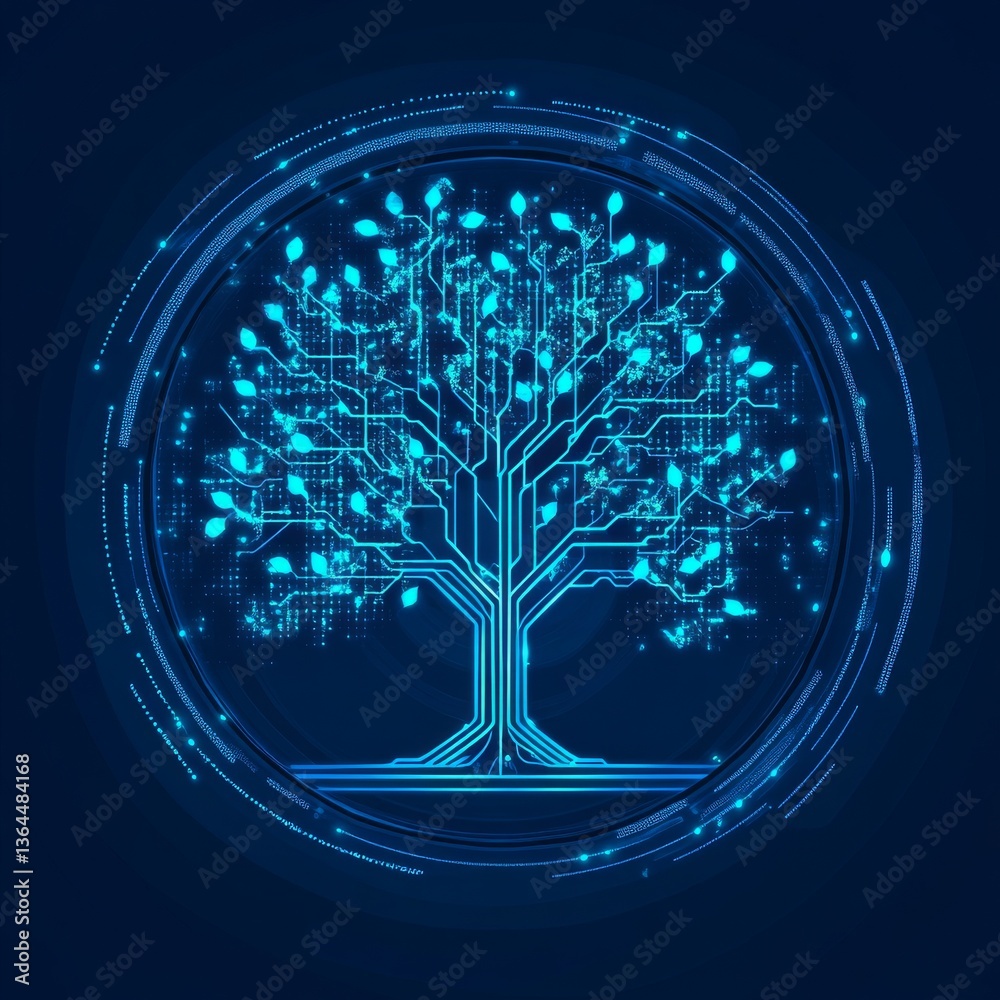Poster Digital Tree of Knowledge: A Futuristic, Glowing Circuit Board Tree Representing Growth and Technology.