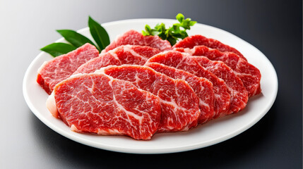 Fototapeta premium Succulent Slices: A tantalizing display of fresh, raw meat slices arranged on a pristine white plate, ready to be savored, capturing the essence of culinary delight.