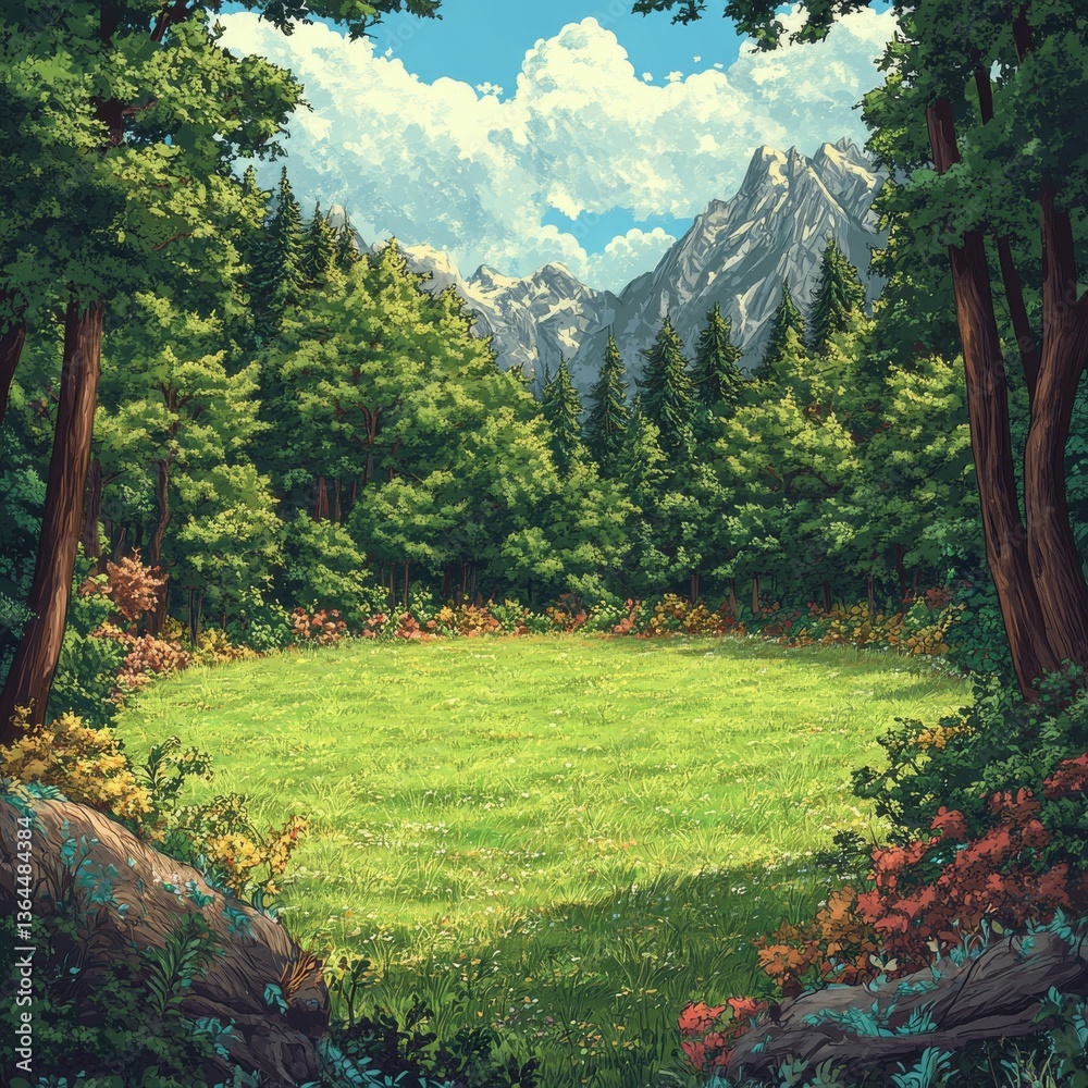 Poster idyllic forest meadow scene with distant mountain view and cloudscape, lush greenery and vibrant flo