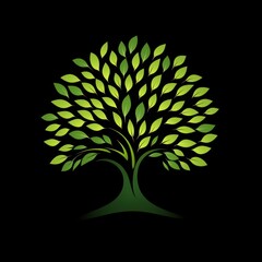 Naklejka premium Green Leafy Tree Illustration on Black Background, Signifying Growth, Nature and Natural Beauty.