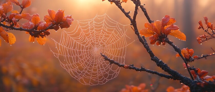 A Beautiful Spiderweb Covered In Dew Displays Against The Morning Sunlight