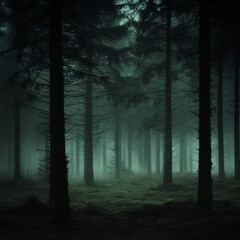 Obraz premium Mysterious Dark Forest: A Foggy, Atmospheric View with Tall Trees and Lush Green Undergrowth
