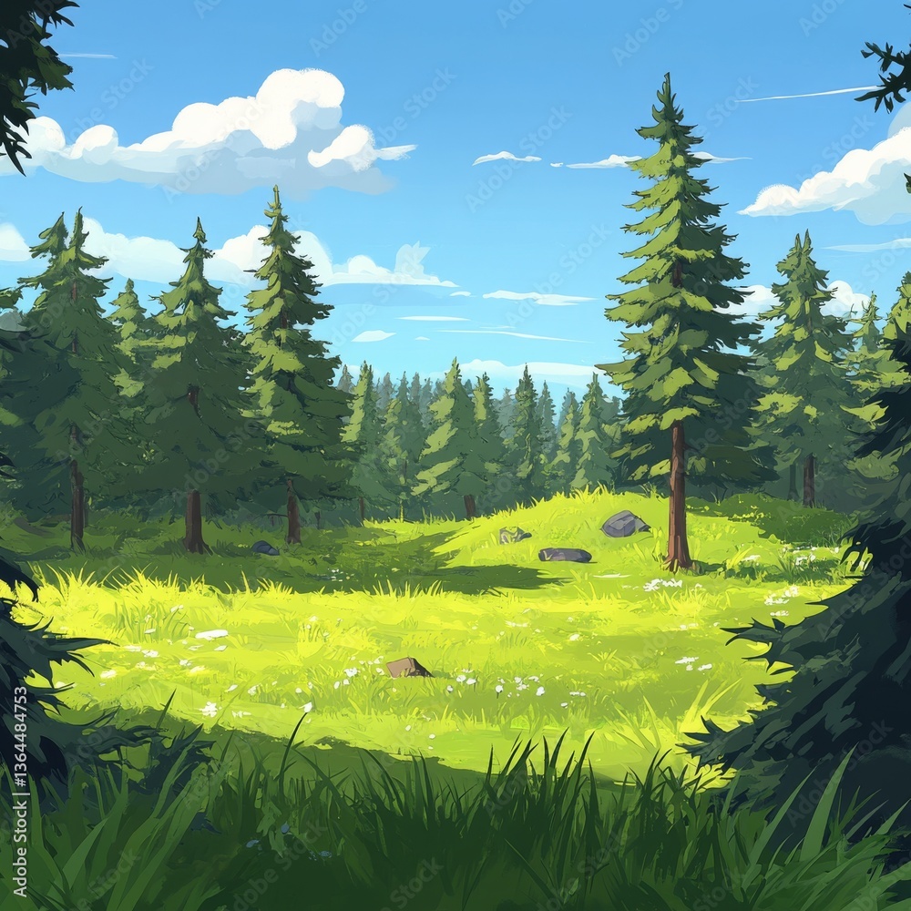 Poster scenic forest glade with sunlight filtering through trees under a blue sky with white clouds