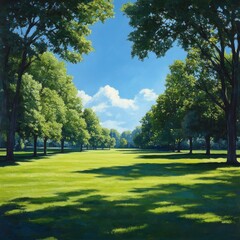 Fototapeta premium Sunlit Meadow: A Tranquil Landscape Painting with Trees, Sky, and Shadow Play on Lush Green Grass