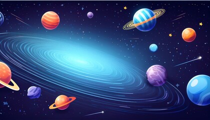 A vibrant, colorful depiction of a galaxy with various planets and stars floating in a starry space background.