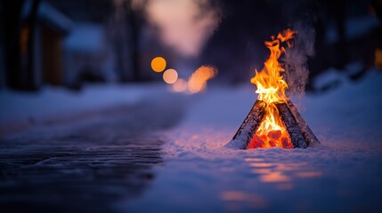 Small bonfire burns brightly providing essential warmth against cold snowy