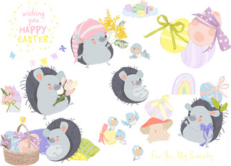 Happy Easter Set with Funny Hedgehogs and Cute Easter Elements. Vector Collection