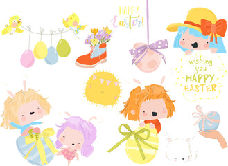 Happy Easter Set with Cute Girls and Easter Elements. Vector Collection