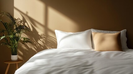Sunny bedroom interior, minimalist style.  Soft lighting, warm tones, and comfortable bedding