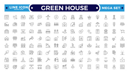 Green House outline icon set with conservation, reduce waste, consumption, management, efficiency, gas emission and green house. Eco related icons. Editable stroke outline icon.
