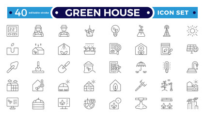 Green House outline icon set with conservation, reduce waste, consumption, management, efficiency, gas emission and green house. Eco related icons. Editable stroke outline icon.
