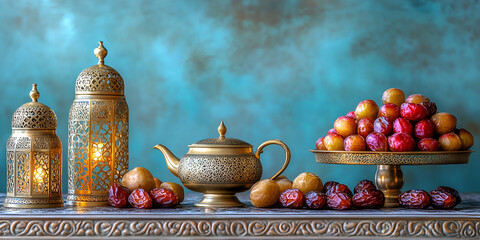 Still life featuring ornate golden lanterns, a teapot, and platters of dates and plums against a textured turquoise background.
